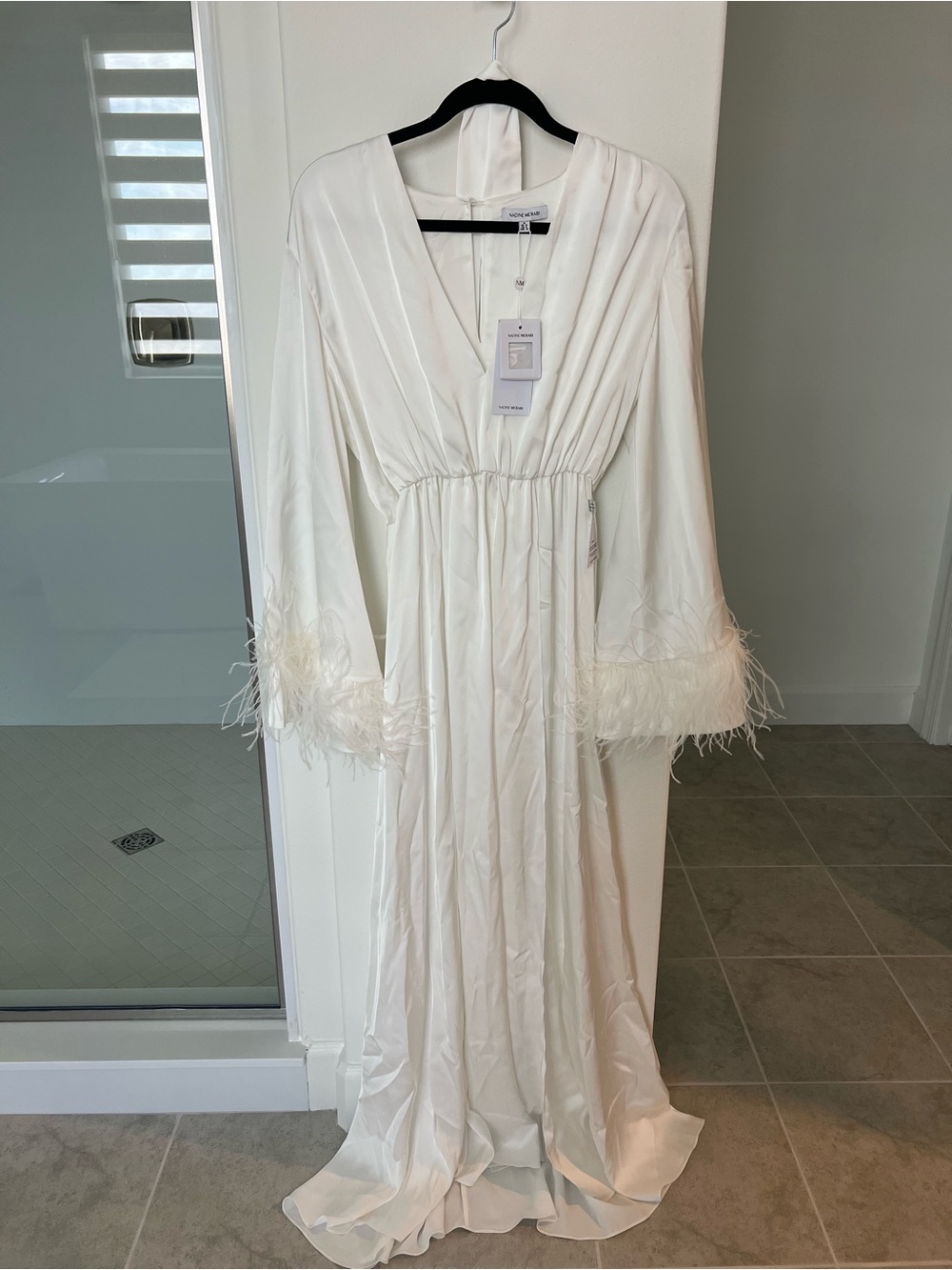 NADINE MERABI White Satin Feather-Trim Long Robe